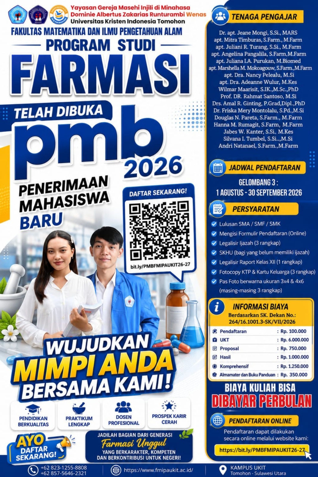 PENERIMAAN MAHASISWA BARU PRODI FARMASI FMIPA UKIT TA. 2026/2027